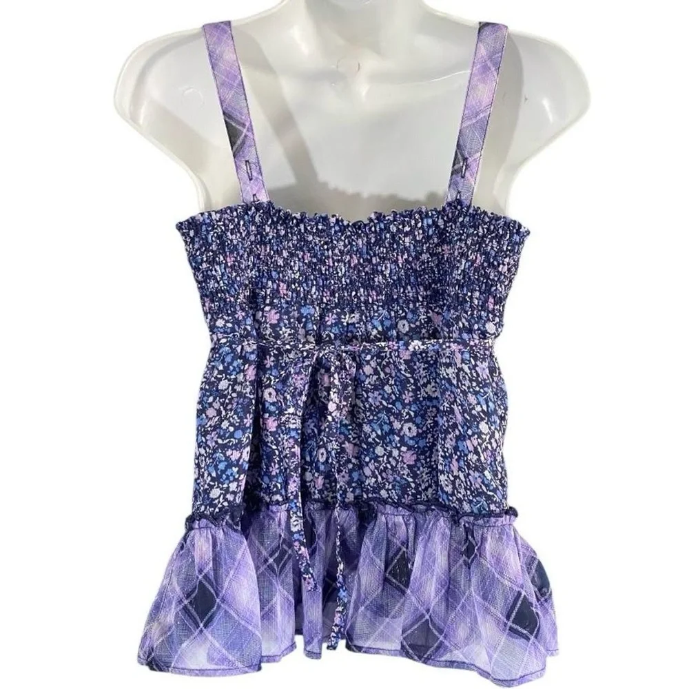 JUSTICE Y2K Fairy Babydoll Top Ditsy Floral Purple Sequin Ruffles Youth Girls 16